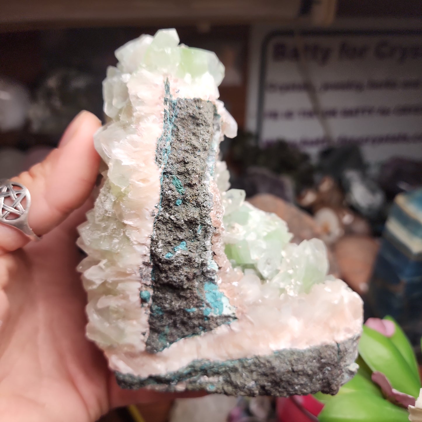 Green Apophylite Large Cluster with Peach Stillbite