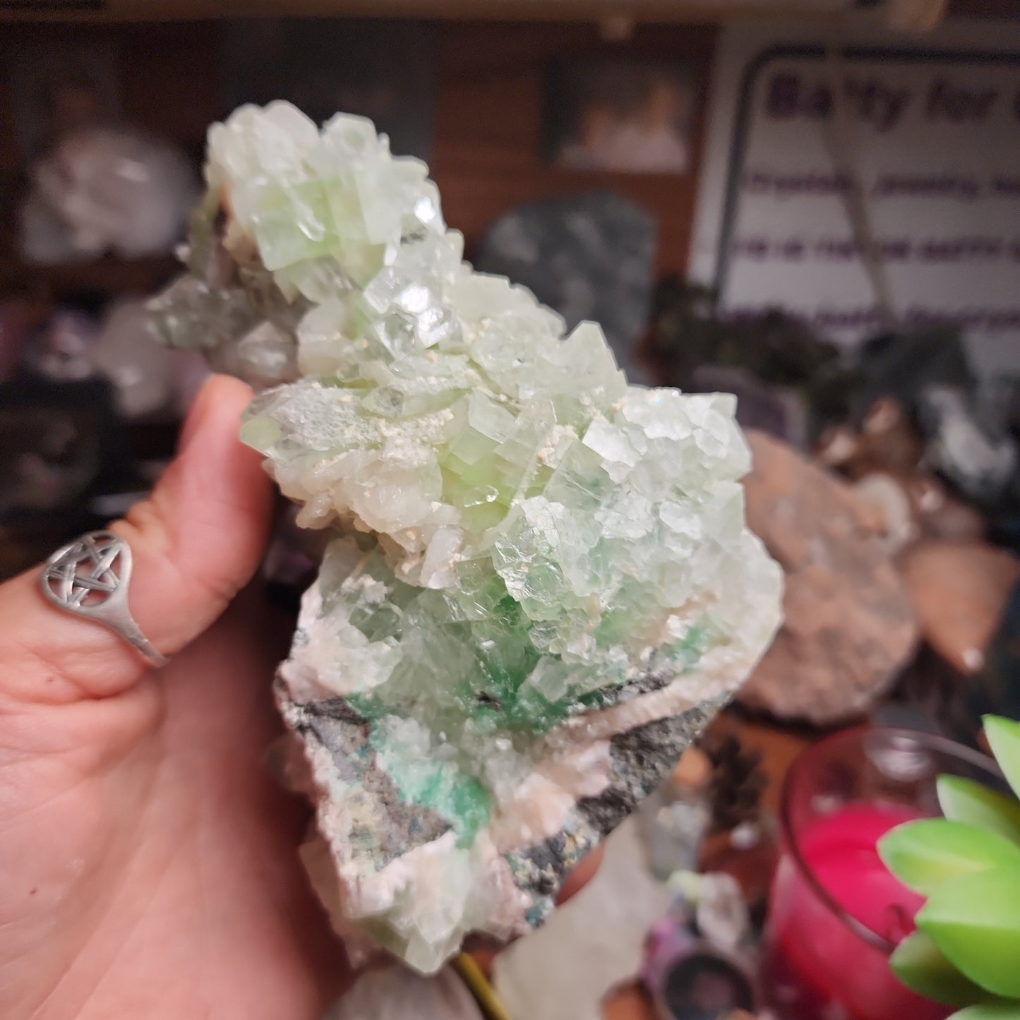 Green Apophylite Large Cluster with Peach Stillbite