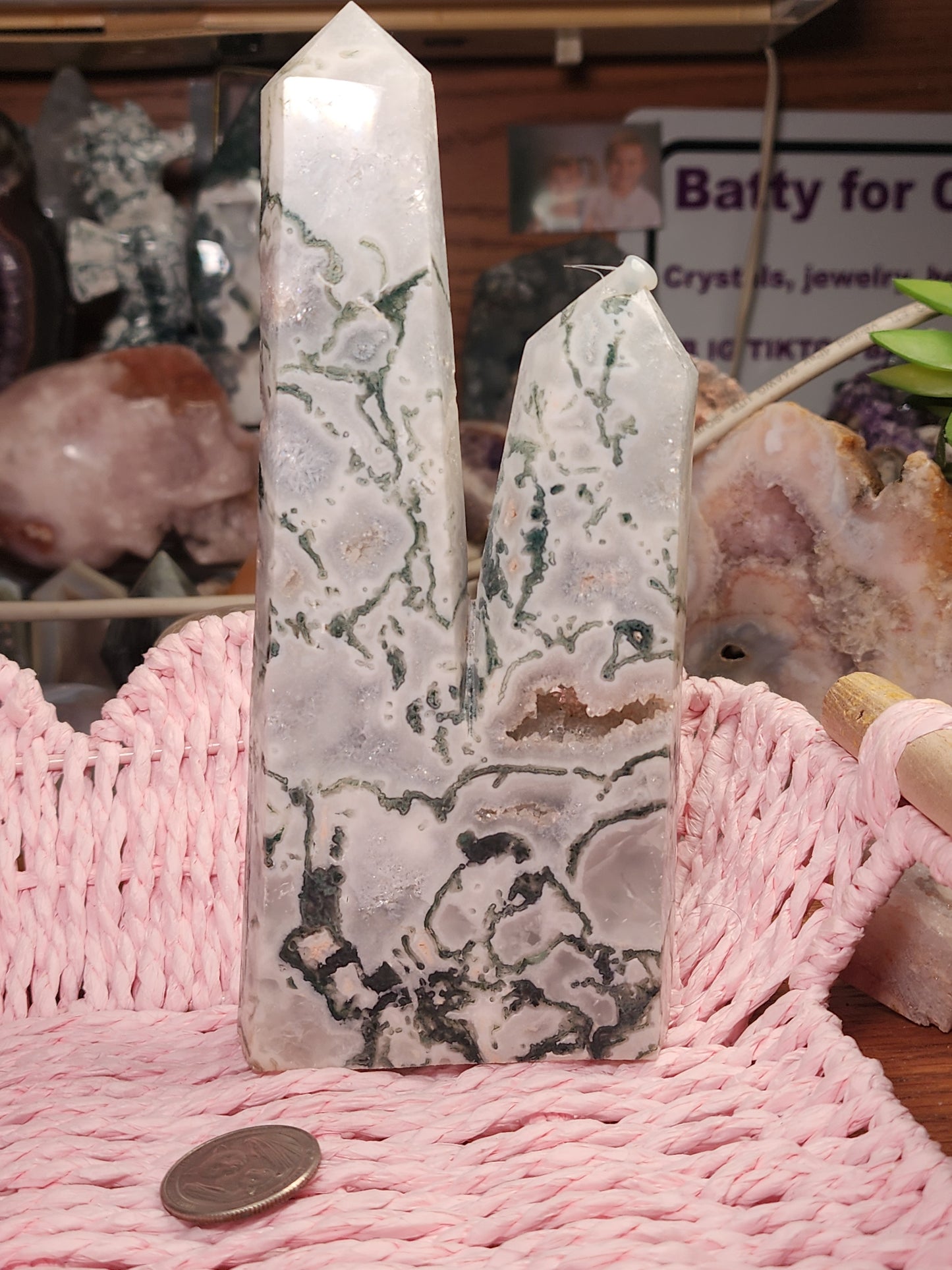 Moss Agate Druzy Double Tower