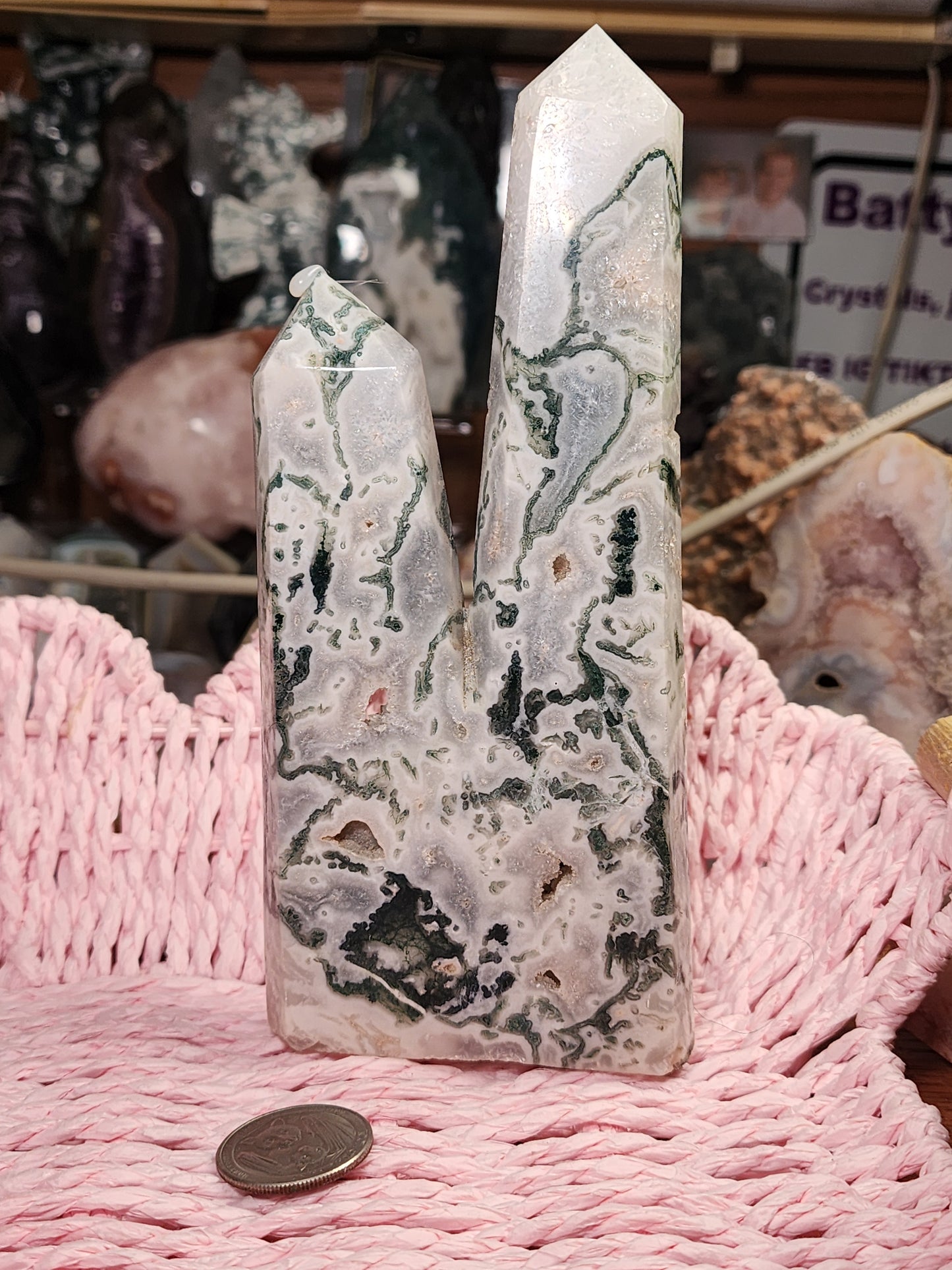 Moss Agate Druzy Double Tower