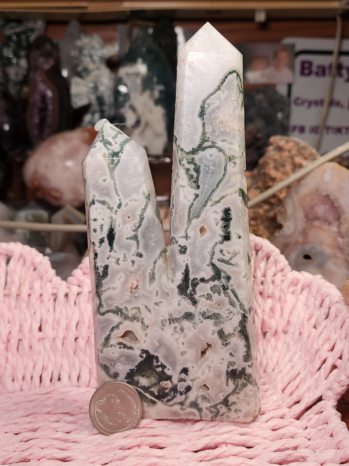 Moss Agate Druzy Double Tower
