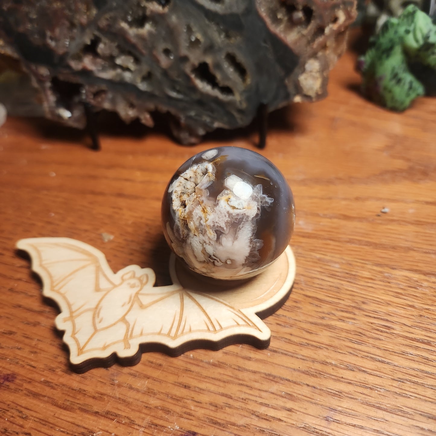 Black Flower agate sphere with druzy