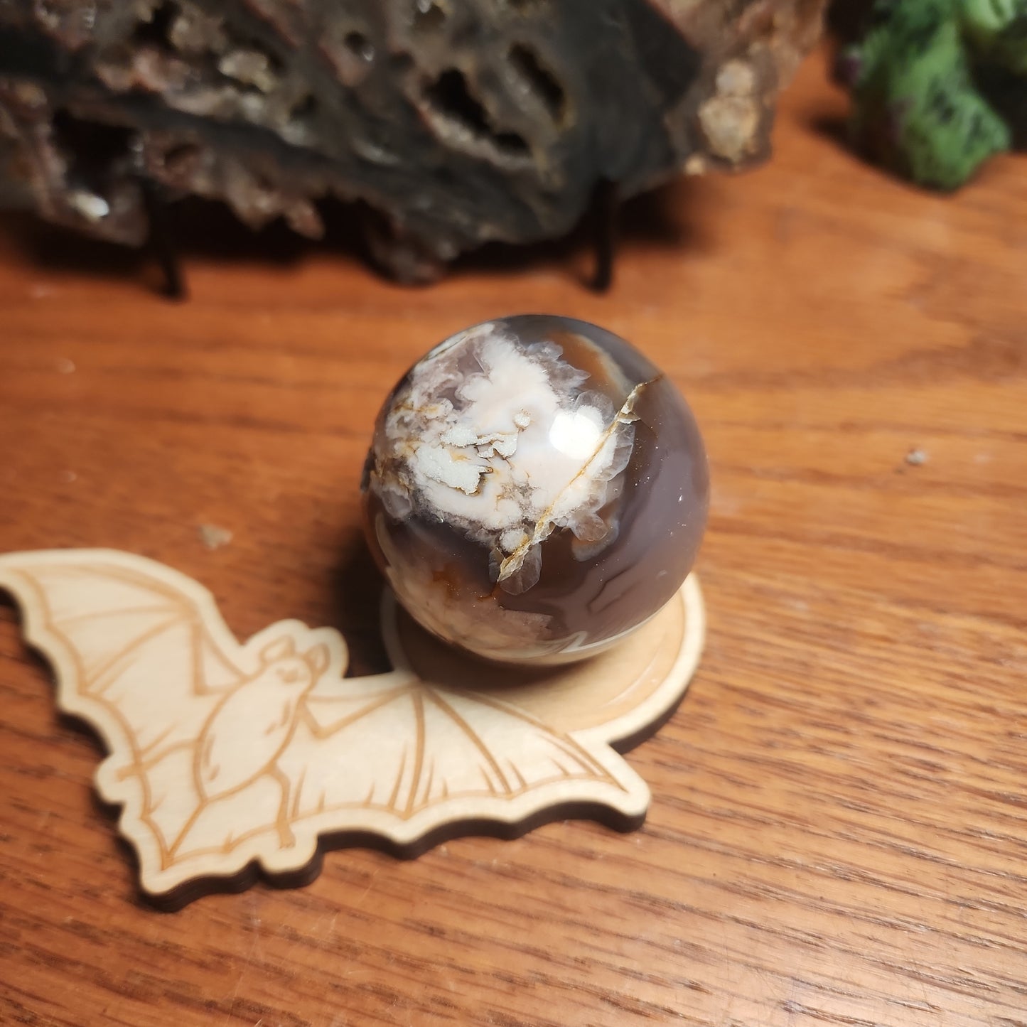 Black Flower agate sphere with druzy
