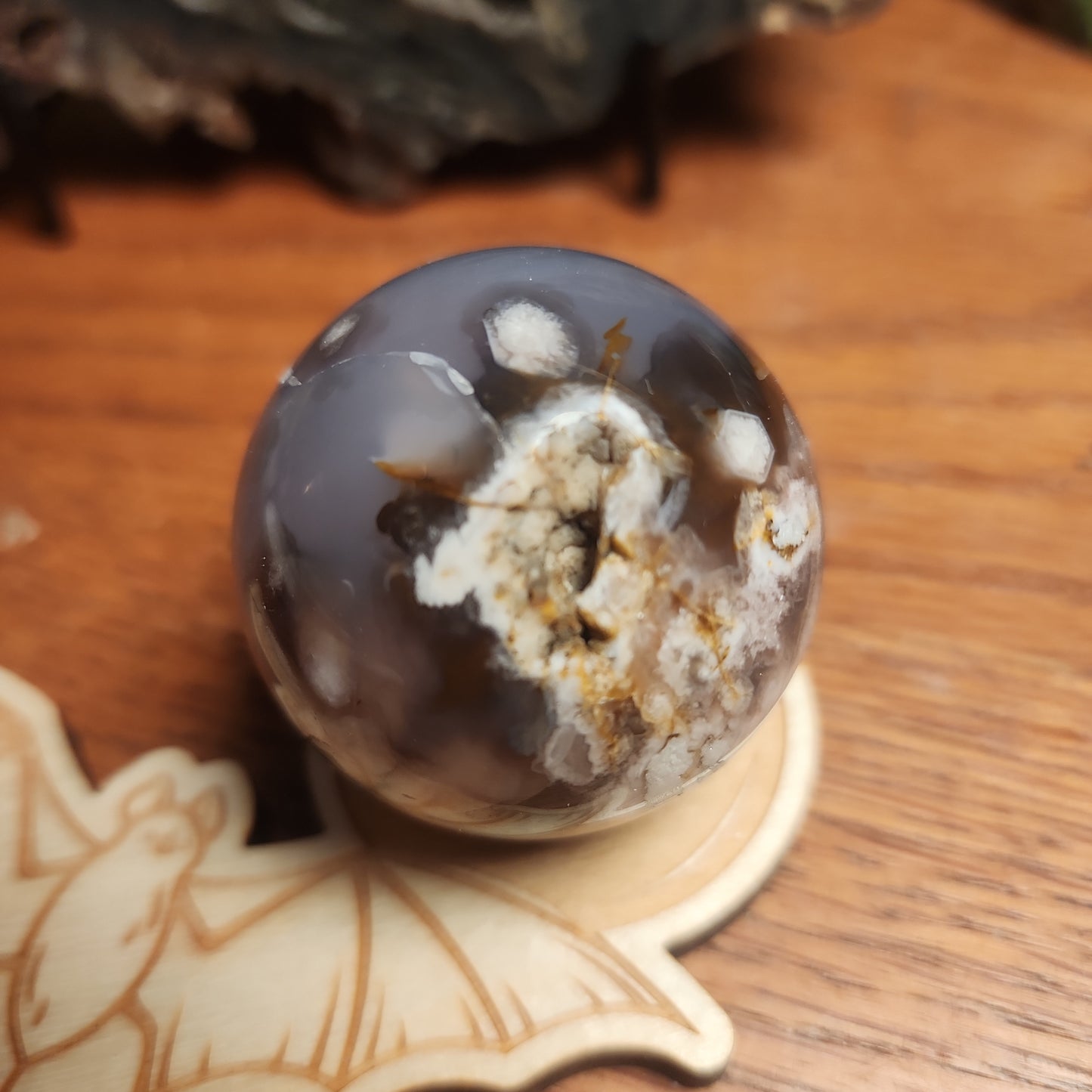 Black Flower agate sphere with druzy