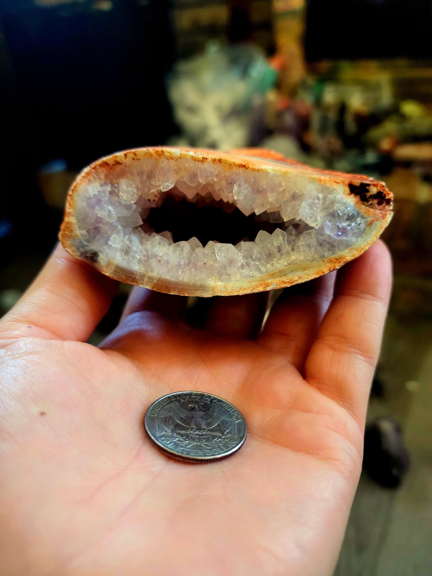 Large open quartz geode with suprise