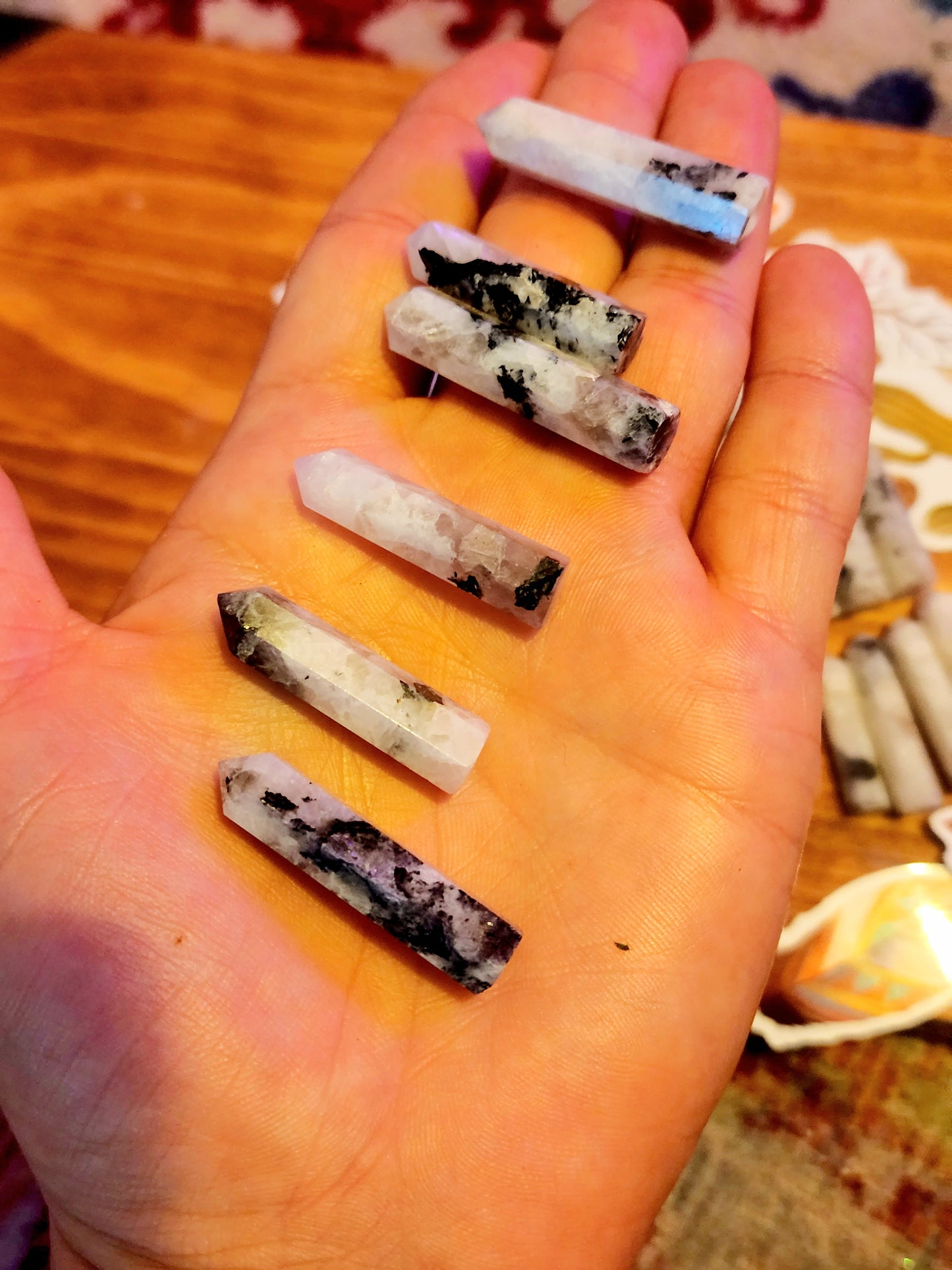 Rainbow moonstone with smokey quartz mini points