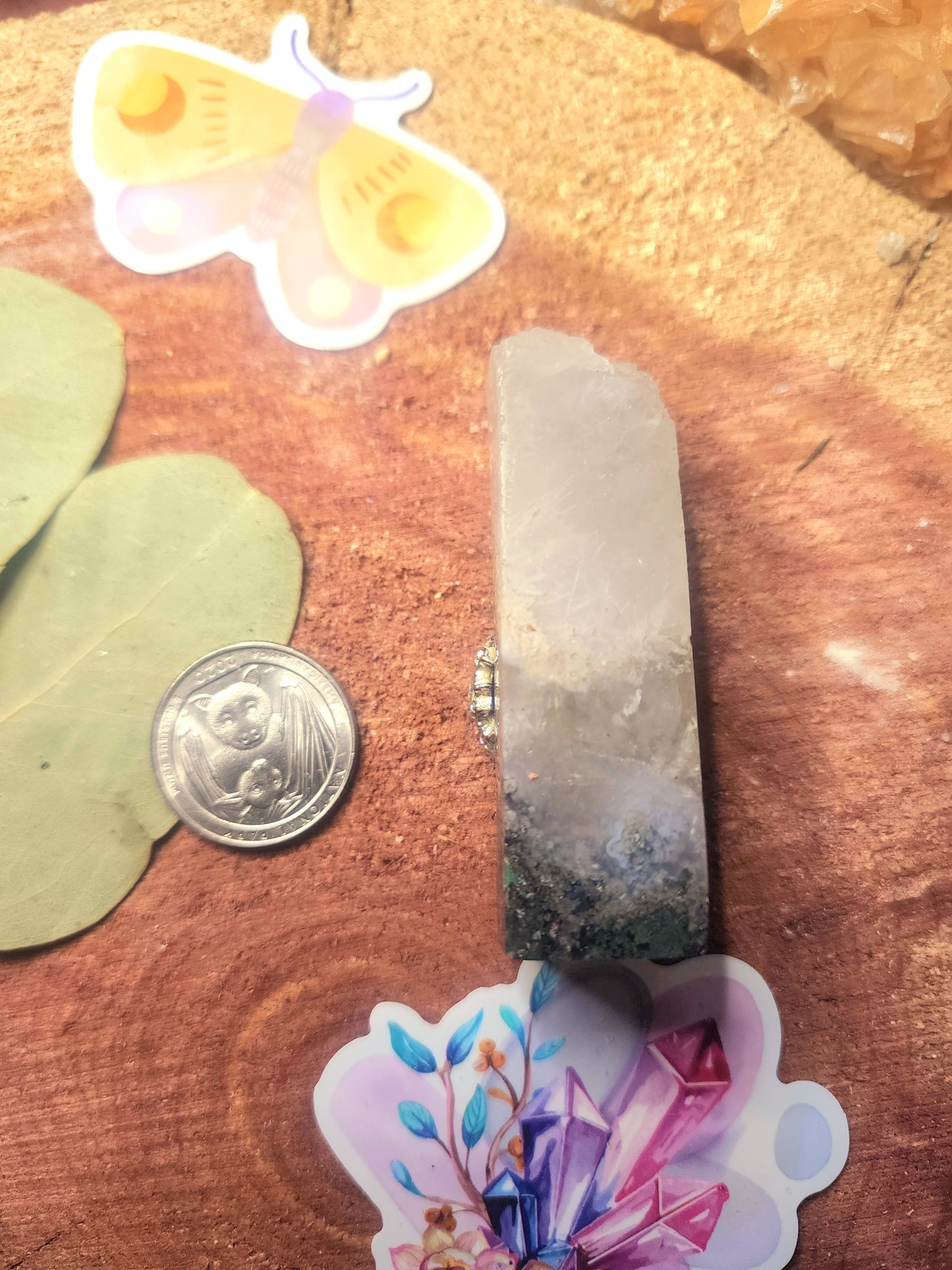 Moss agate tower with citrine