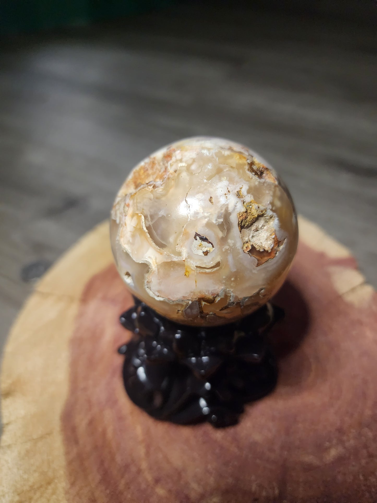 Druzy filled flower agate sphere