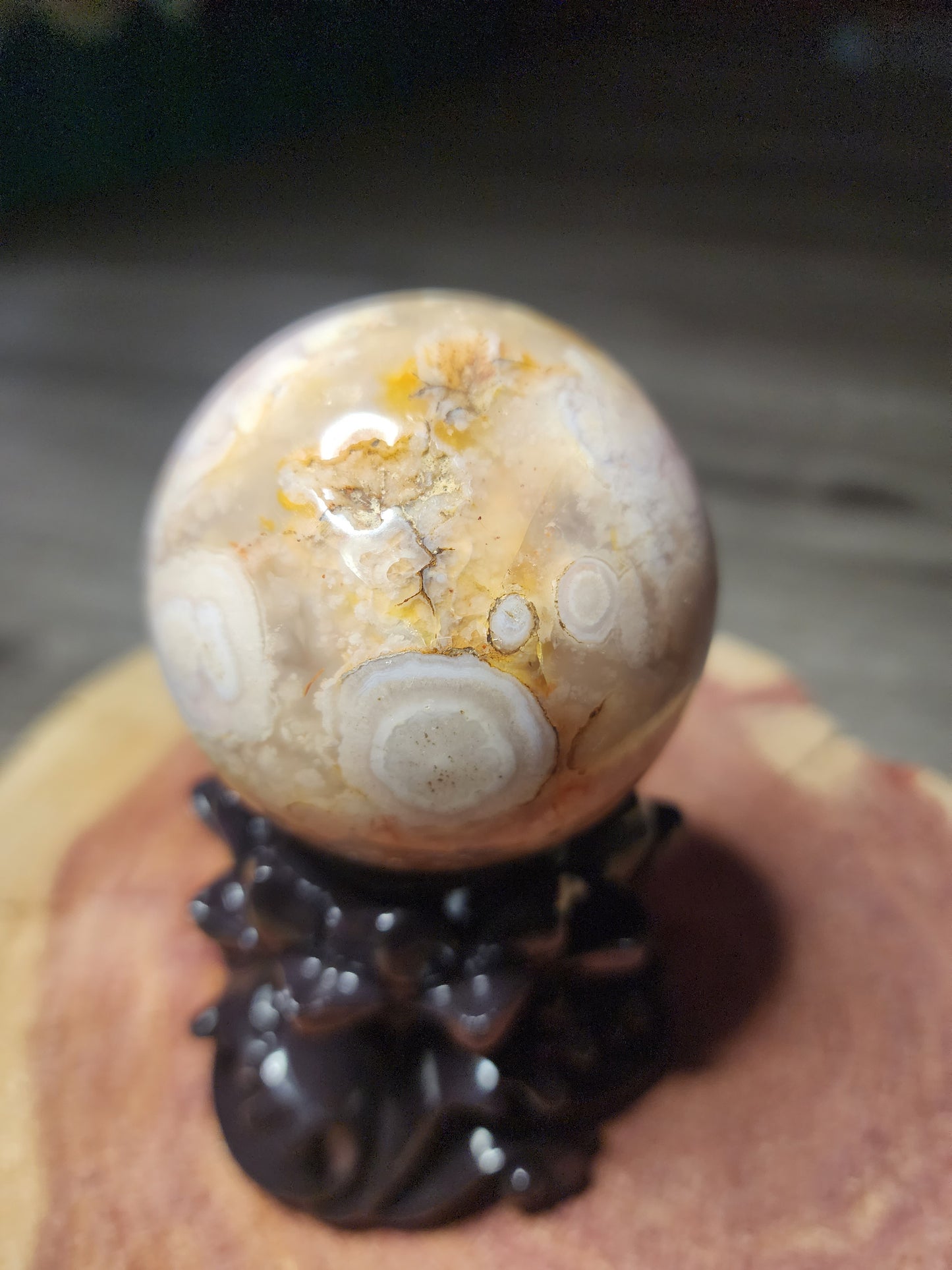 Druzy filled flower agate sphere