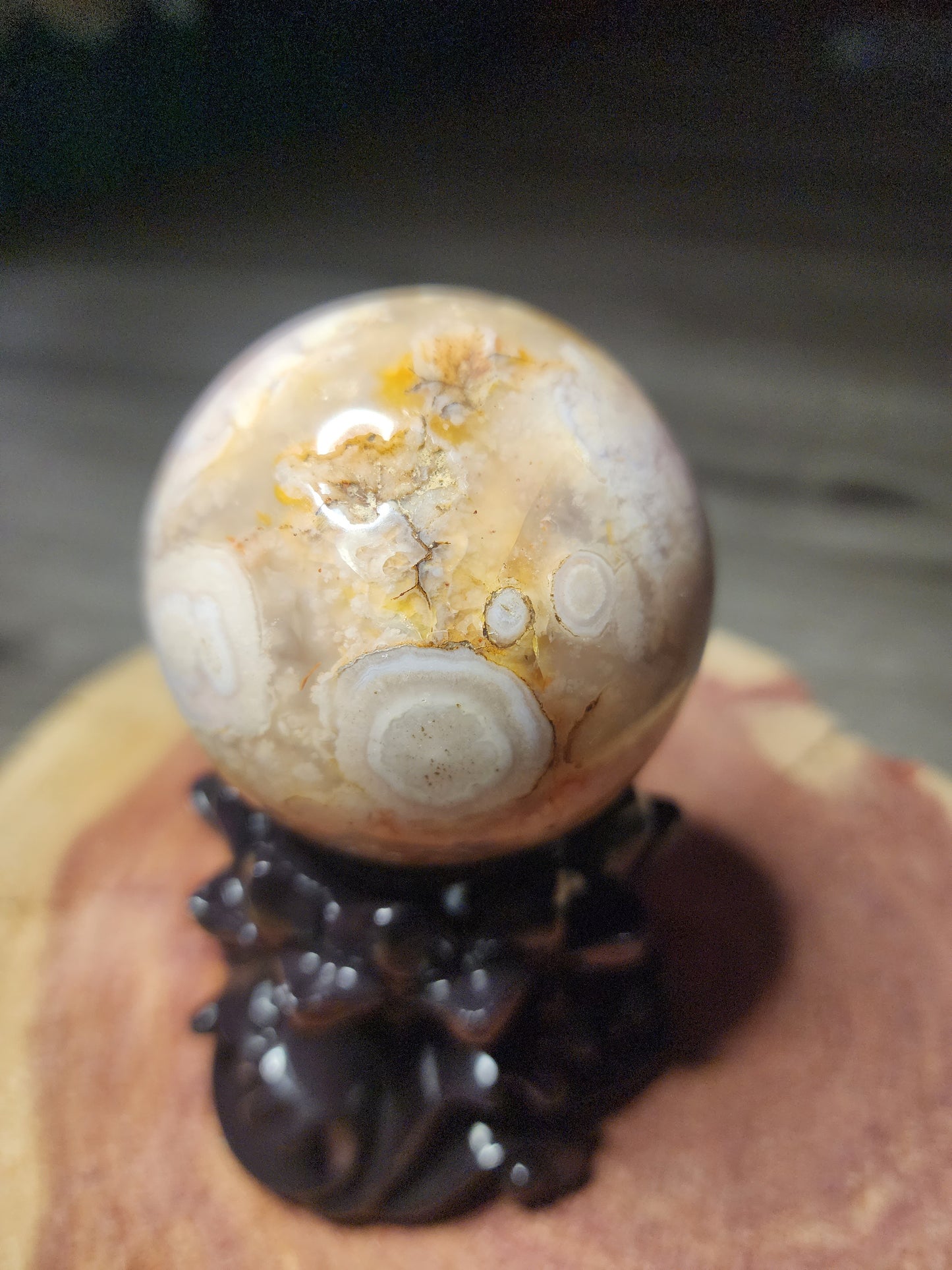 Druzy filled flower agate sphere