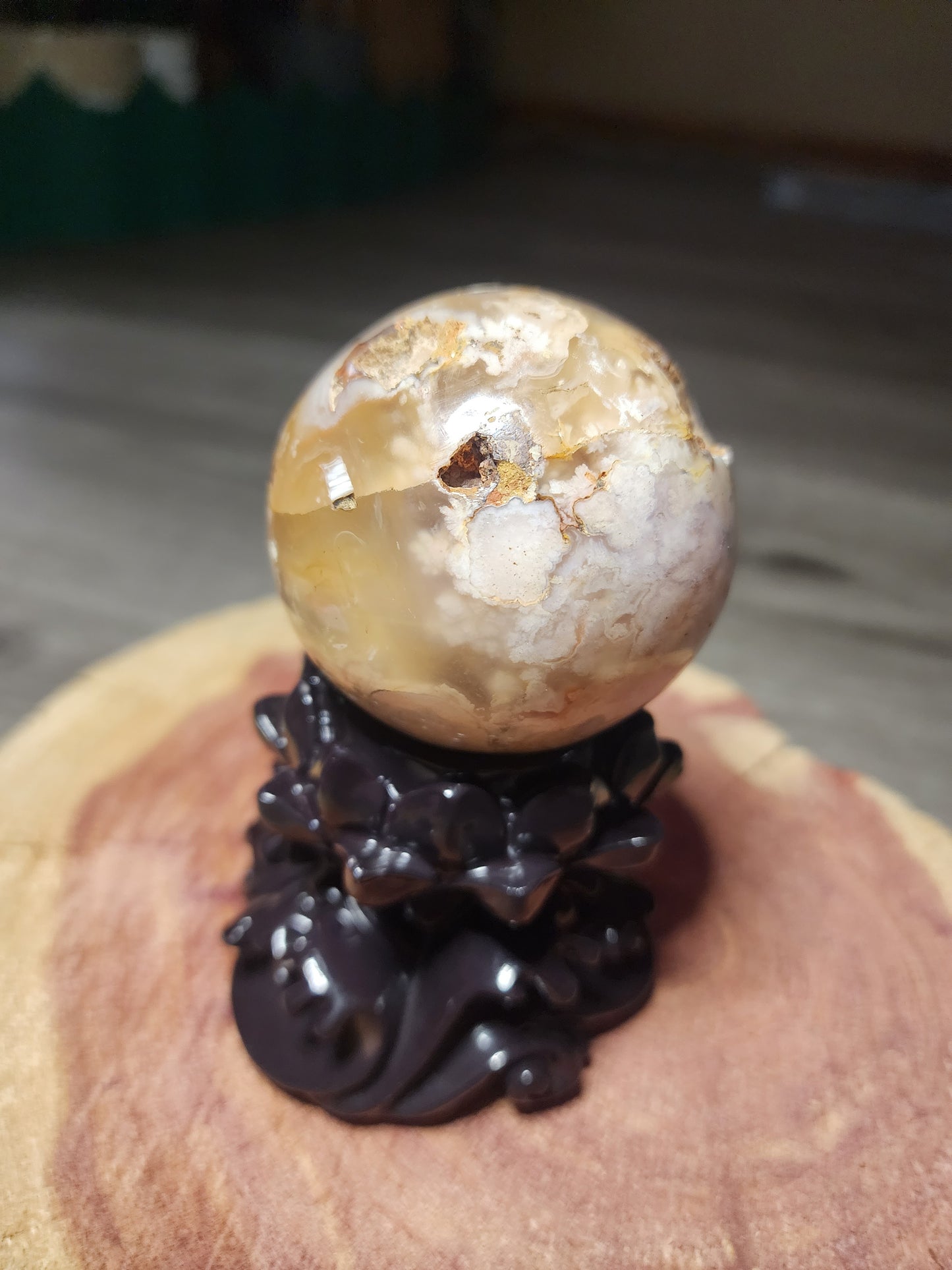Druzy filled flower agate sphere