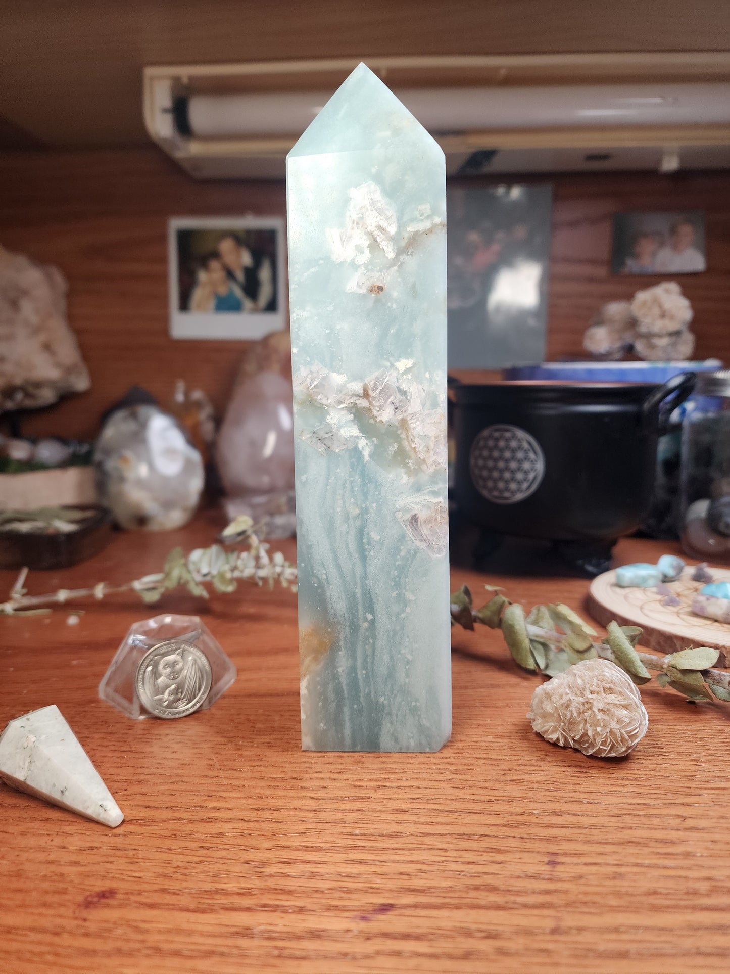 Large blue Aragonite druzy tower
