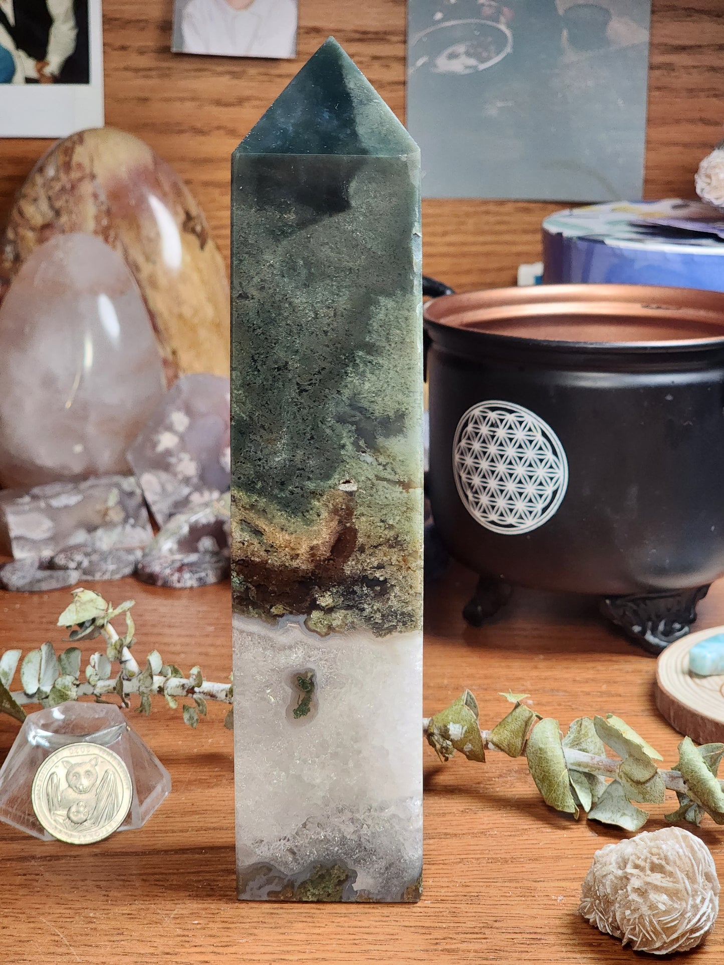 Large Moss agate tower