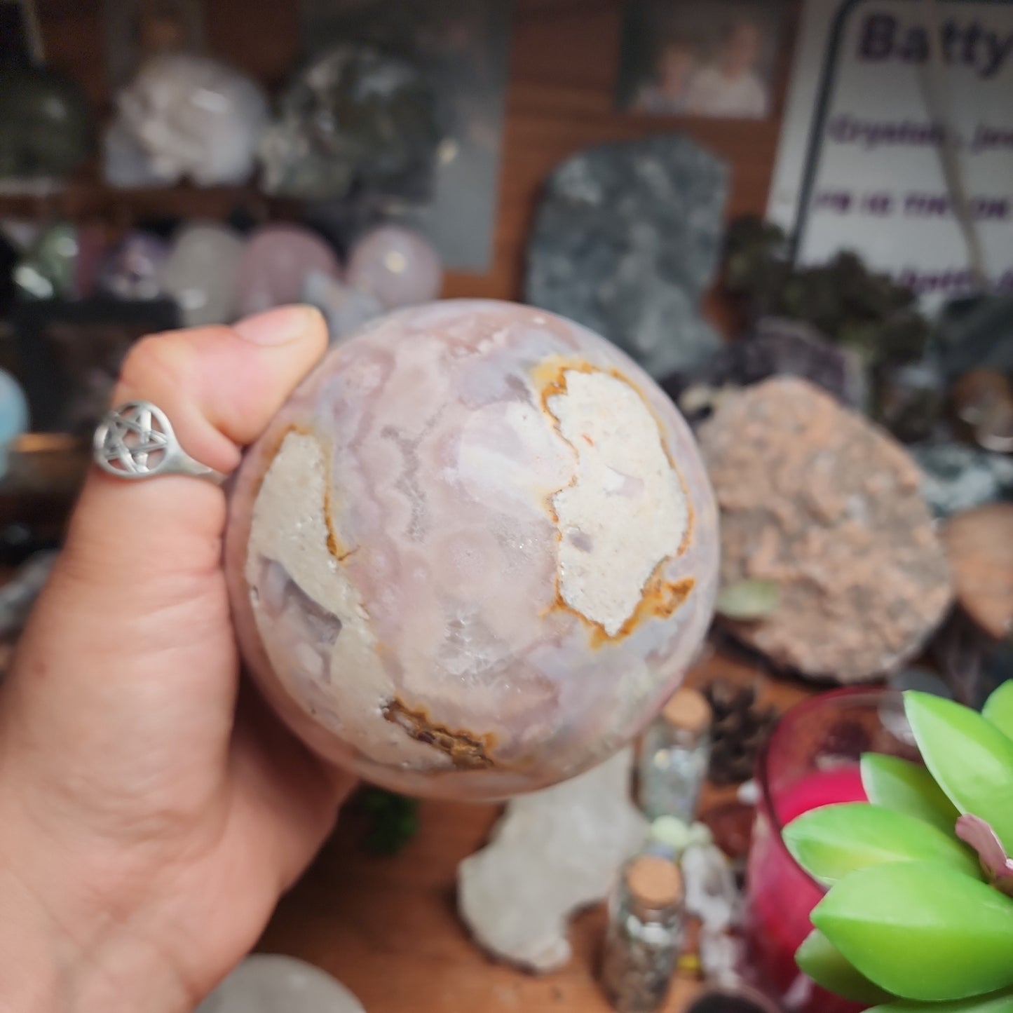 93mm Flower Agate Pink/Purple Amethyst DRUZY Sphere