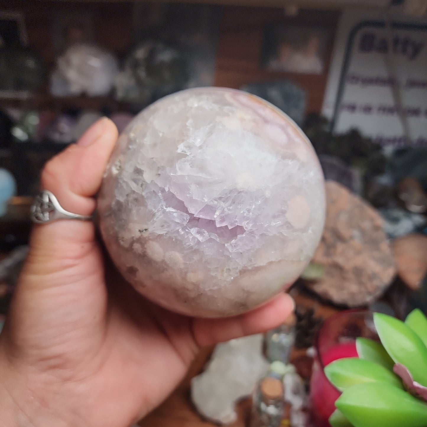 93mm Flower Agate Pink/Purple Amethyst DRUZY Sphere