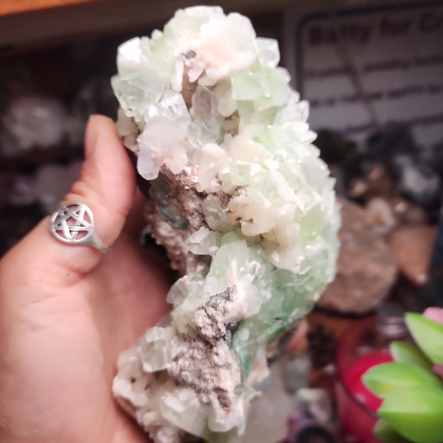 Green Apophylite Large Cluster with Peach Stillbite