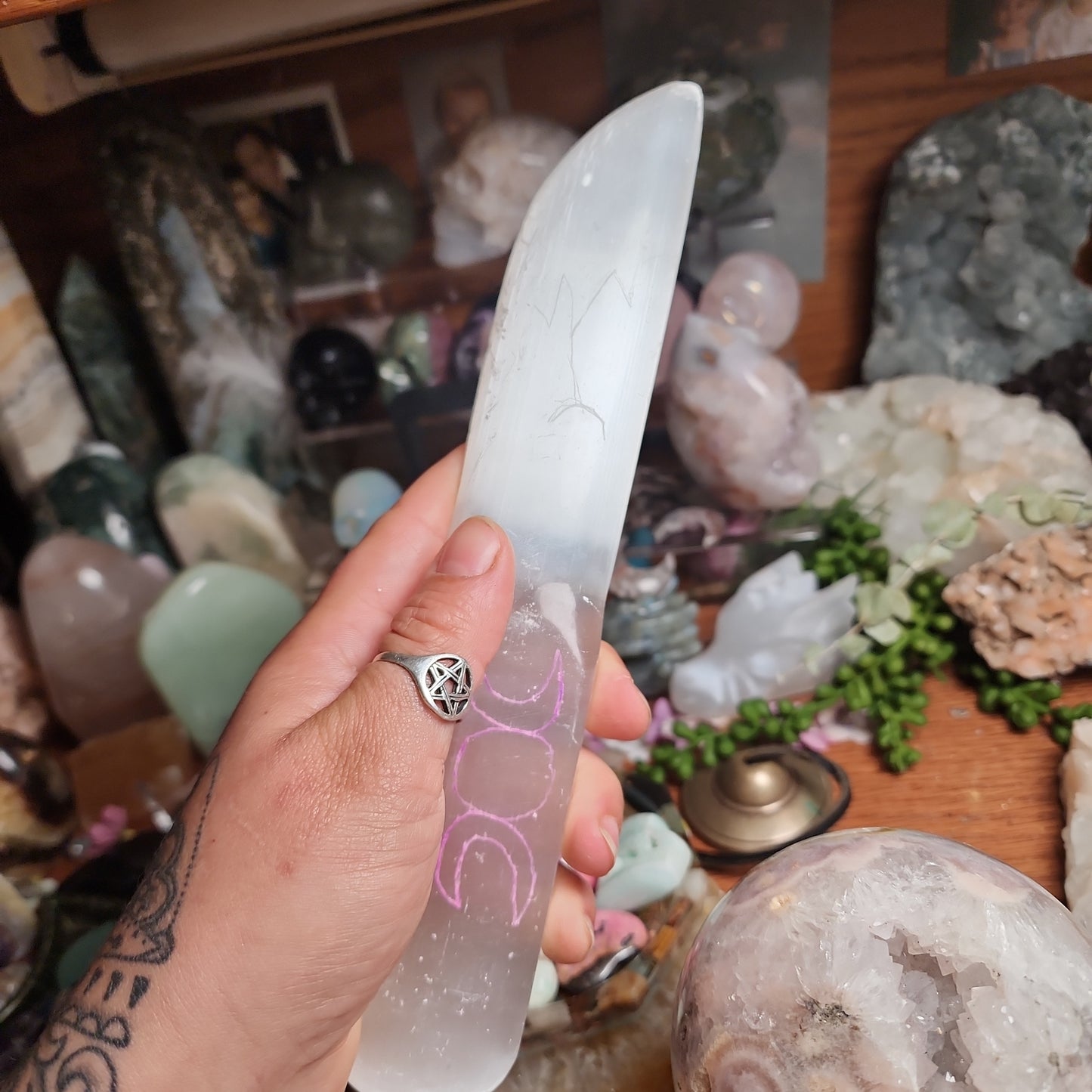 Satin Spar Athame with A Protection Sigil and Good Luck Sigil