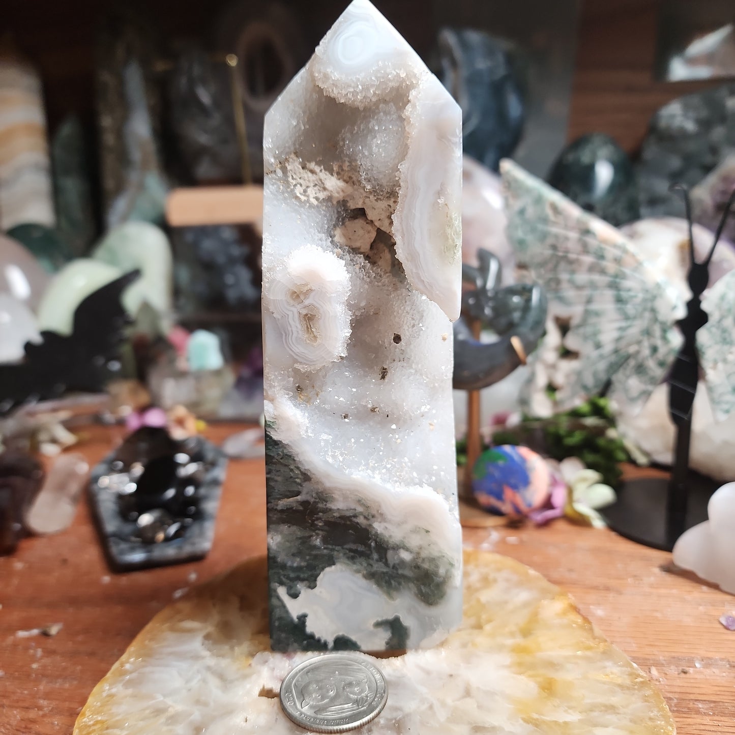 Druzy Moss Agate Tower with Calcite