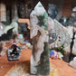 Druzy Moss Agate Tower with Calcite