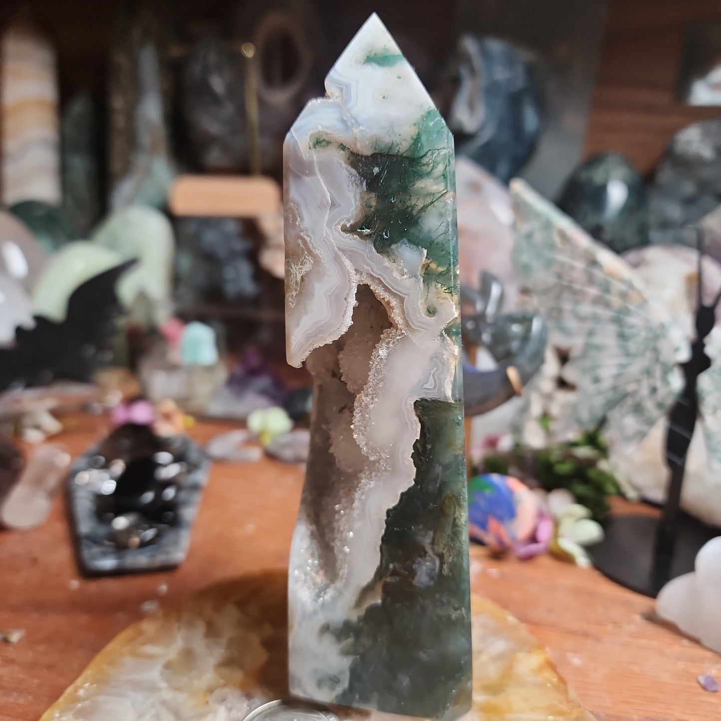 Druzy Moss Agate Tower with Calcite