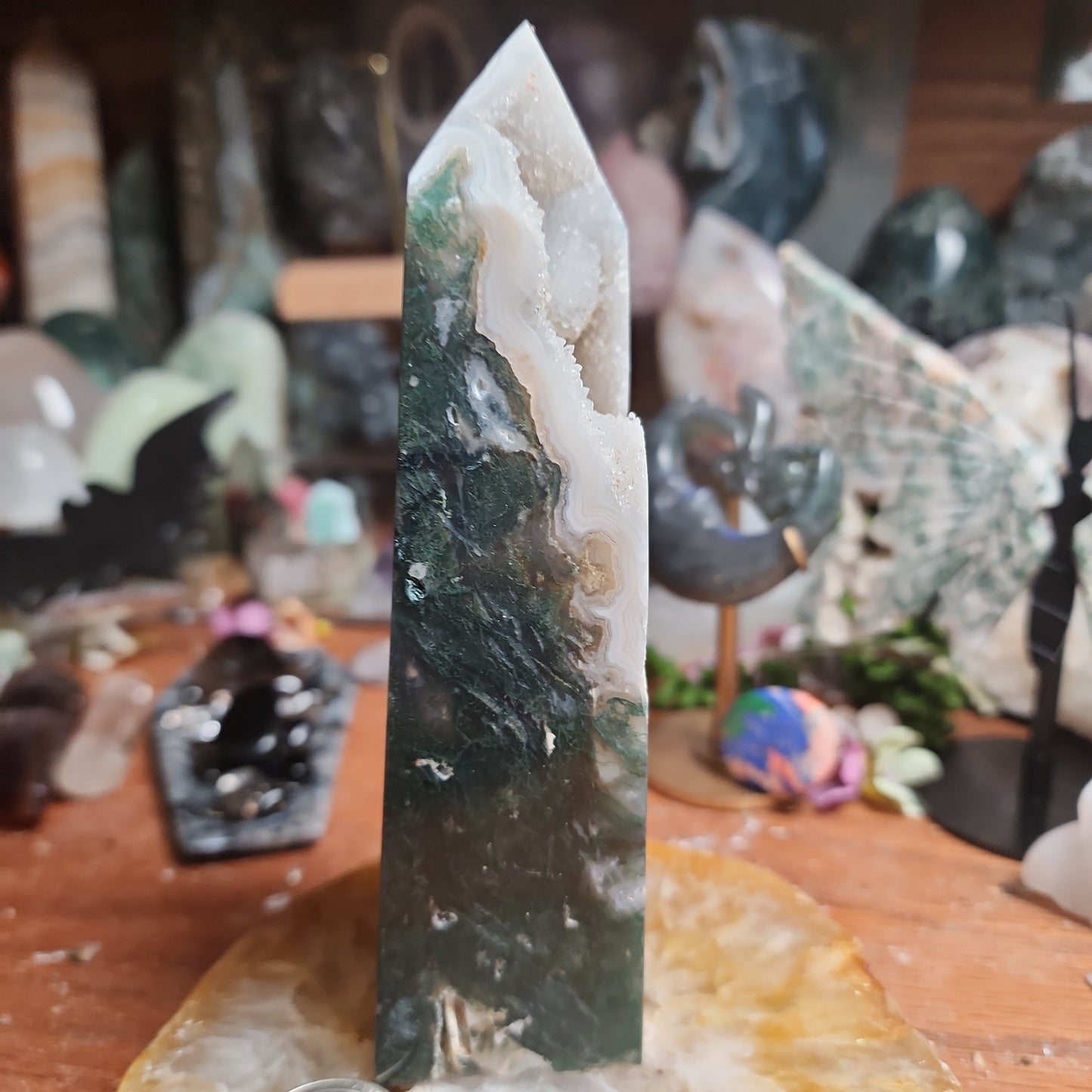 Druzy Moss Agate Tower with Calcite