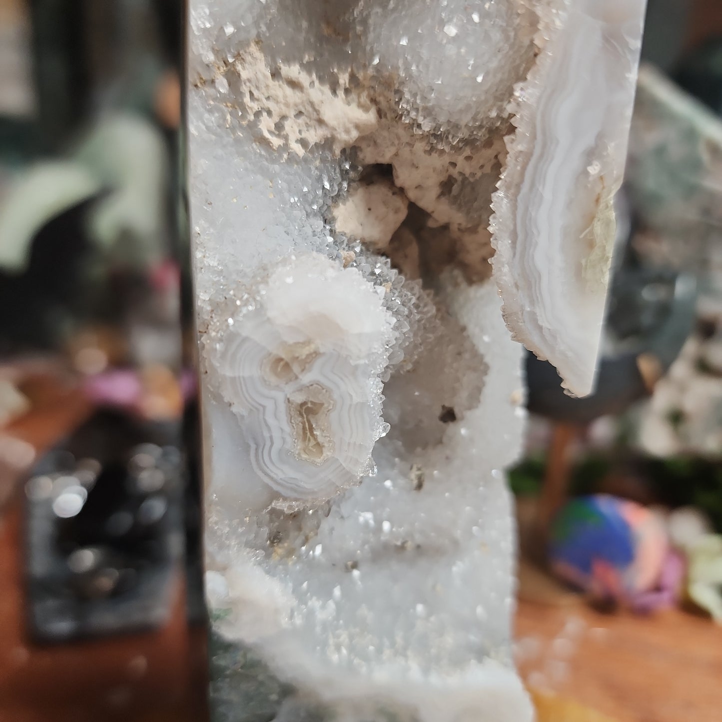 Druzy Moss Agate Tower with Calcite