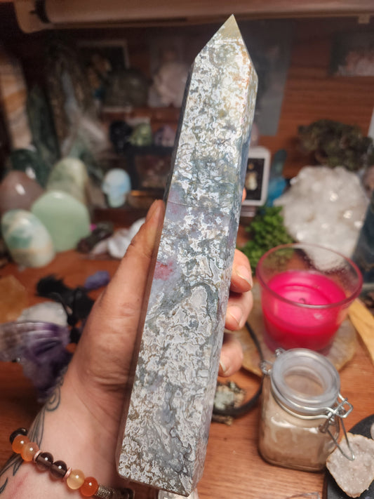 Moss Agate Tower With Druzy Pockets