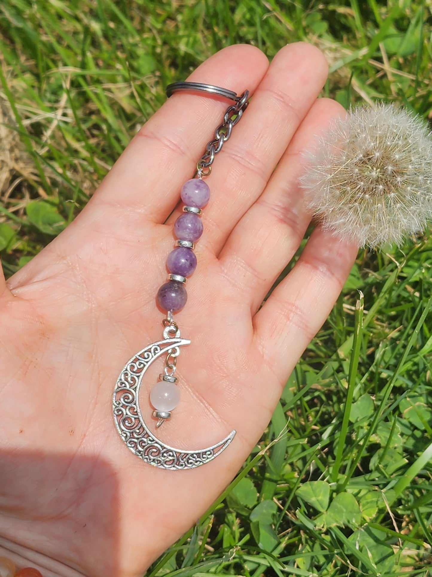 Lepidolite and Satin Spar Witchy Keychain