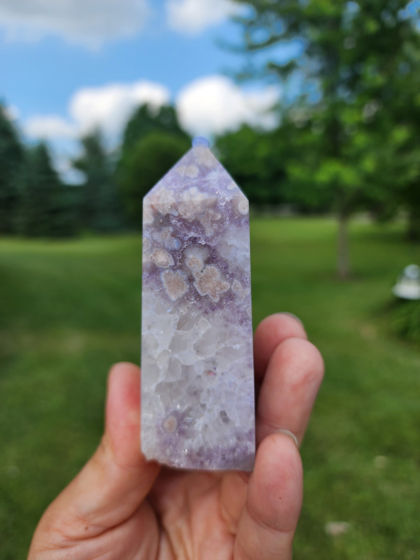 Flower Agate & Amethyst Druzy Tower