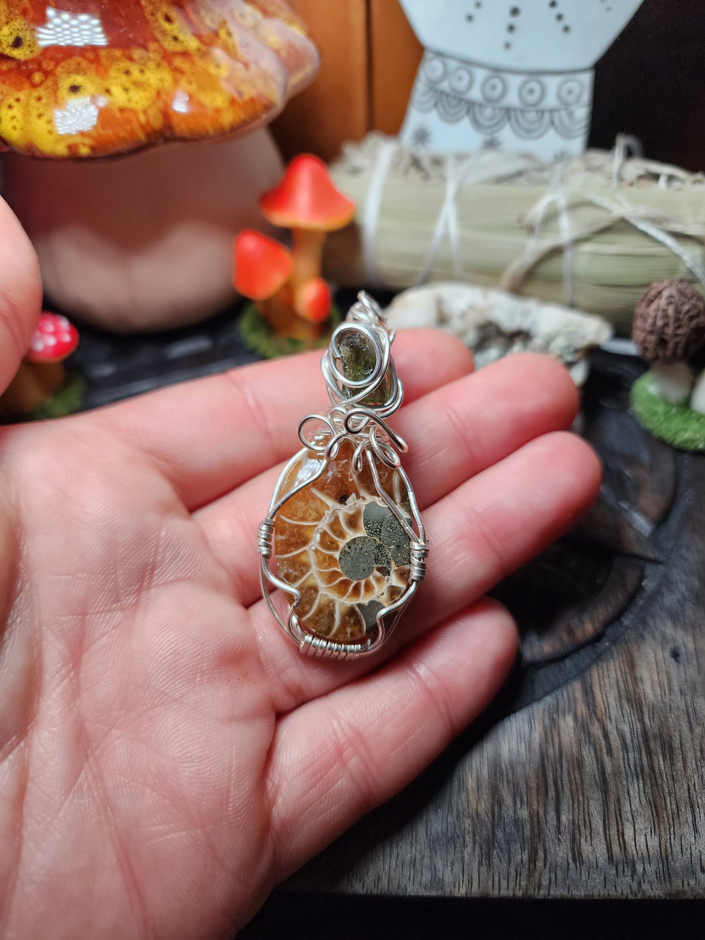 Moldavite & Ammonite Pendant