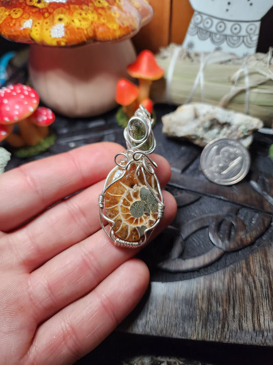 Moldavite & Ammonite Pendant