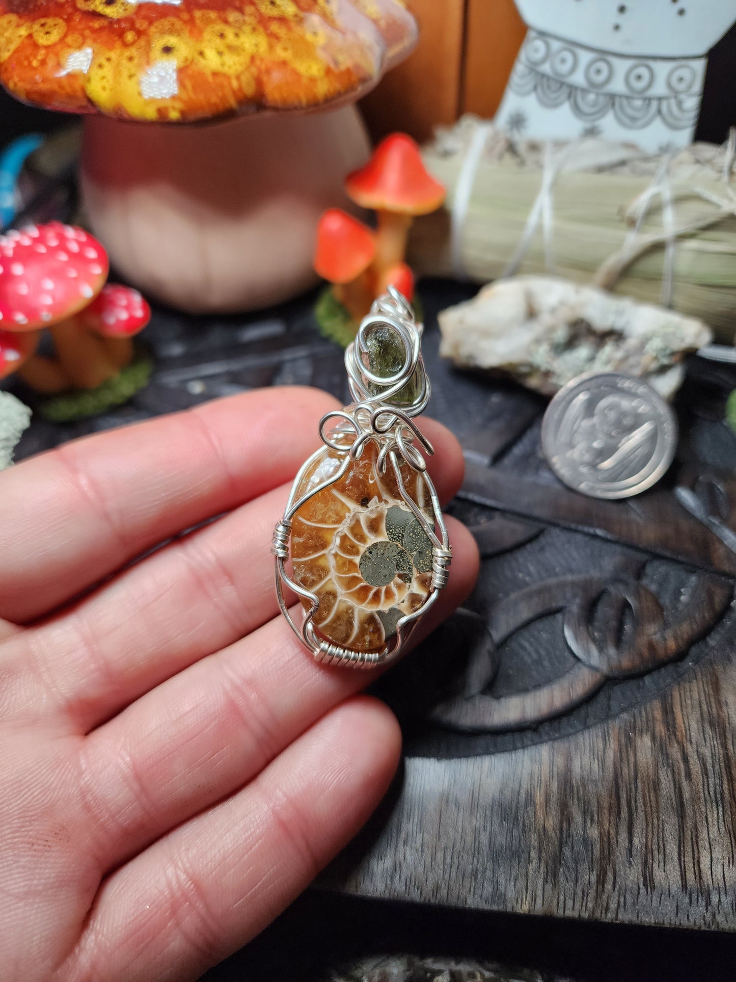 Moldavite & Ammonite Pendant