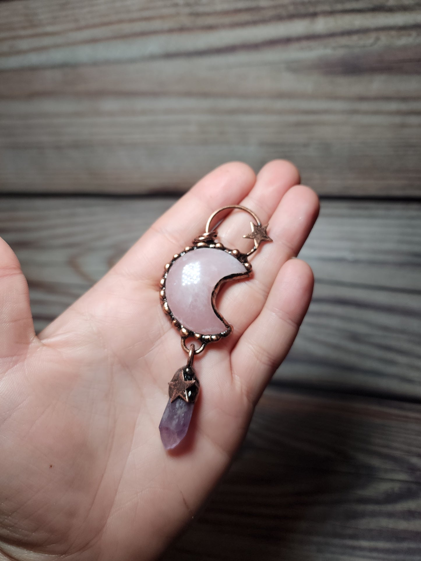 Rose Quartz & Amethyst Moon & Star Pendant - love & anti stress