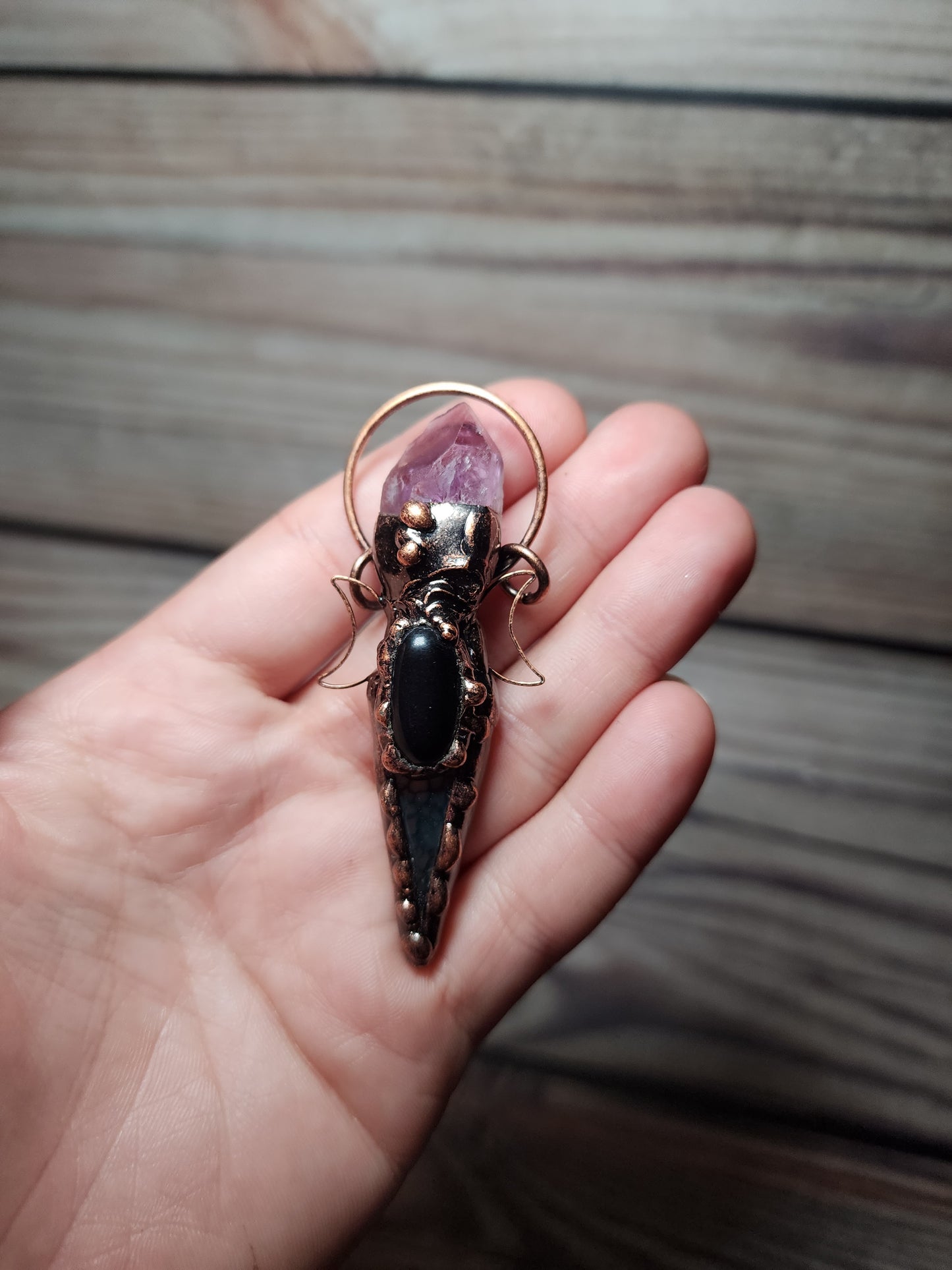 Black Obsidian, Amethyst & Moss Agate Pendant