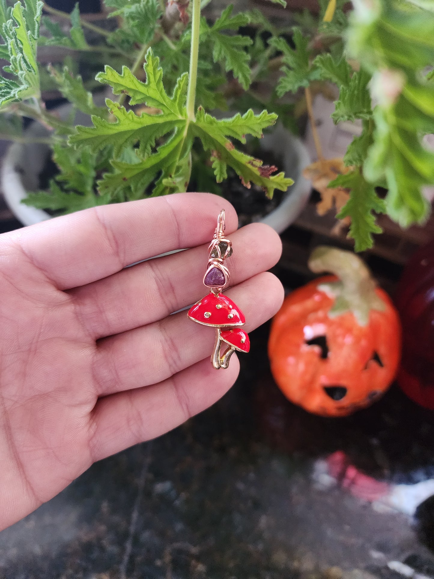 Moldavite and Ruby Mushroom Pair Pendant