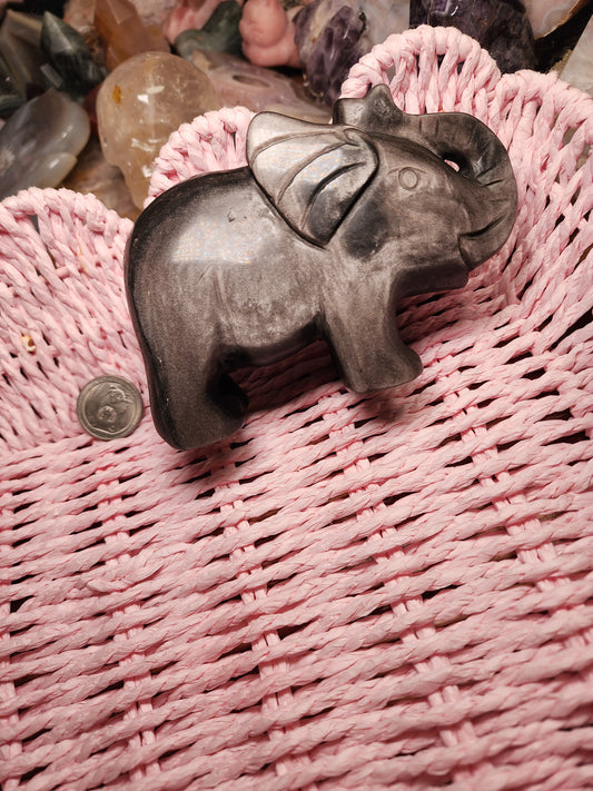 Silver Sheen Obsidian Large Elephant