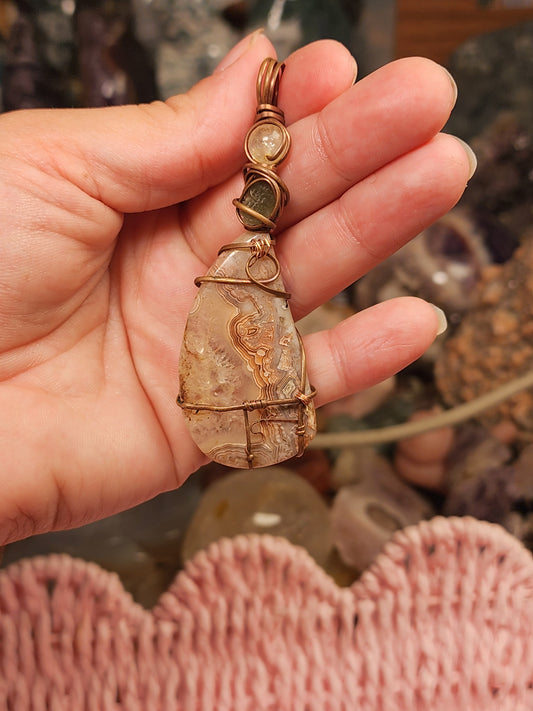 Moldavite, Crazy Lace Agate & Golden Healer Pendant