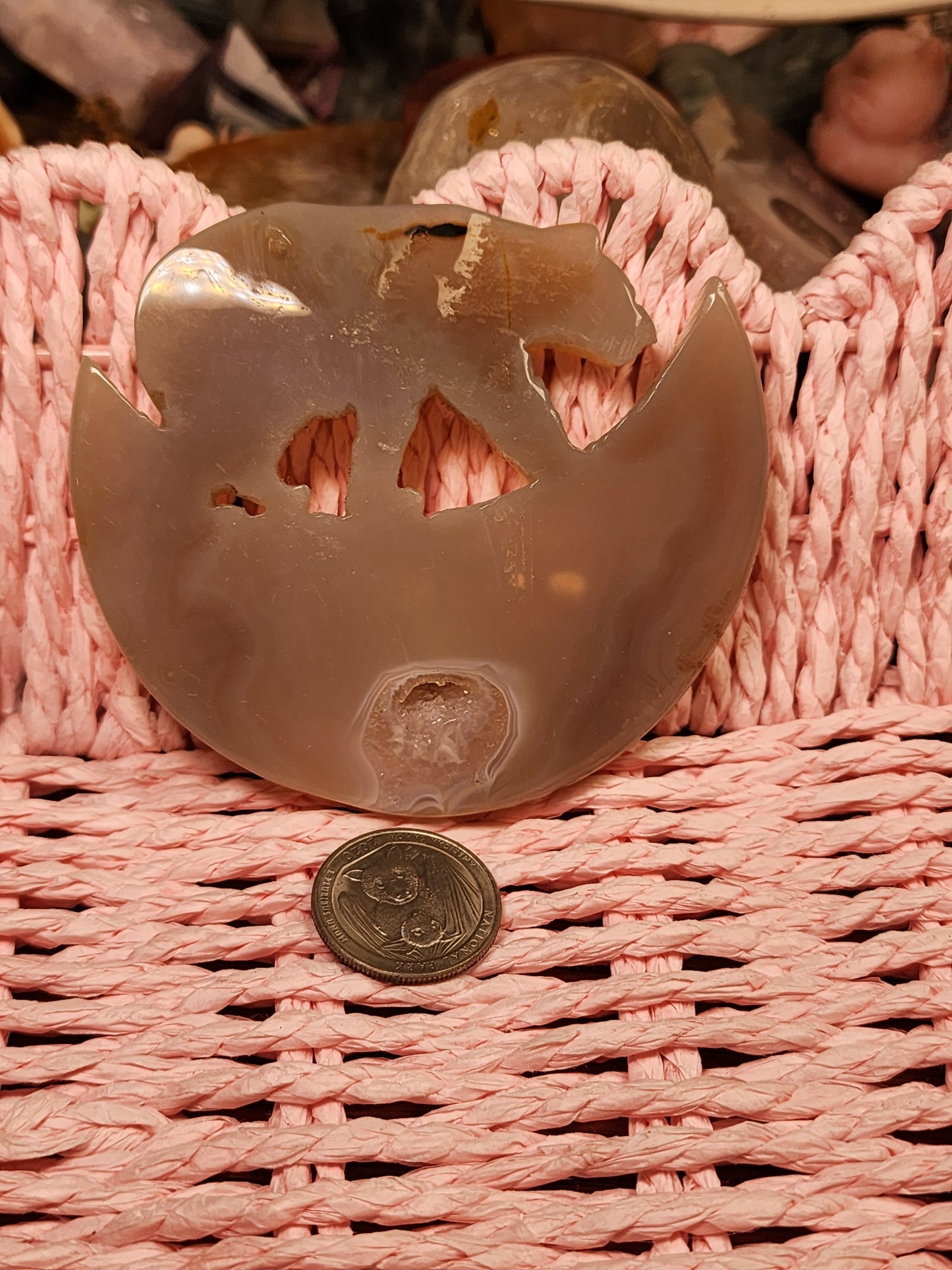 Agate Bear On A Moon Carving with druzy