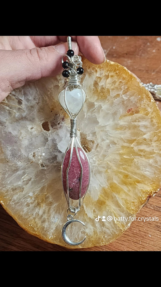Moonstone & Rhodonite Moon Pendant