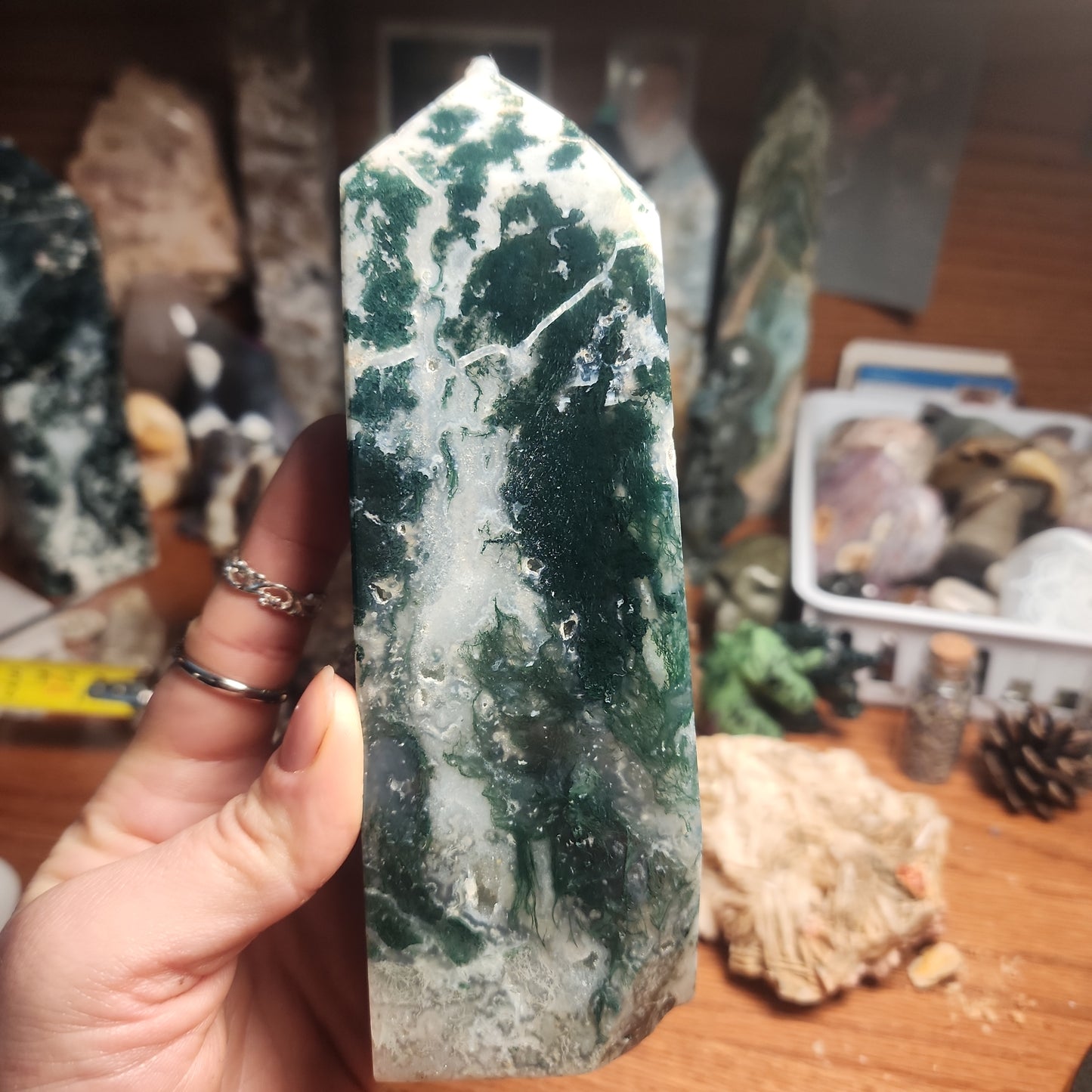 Large moss agate tower