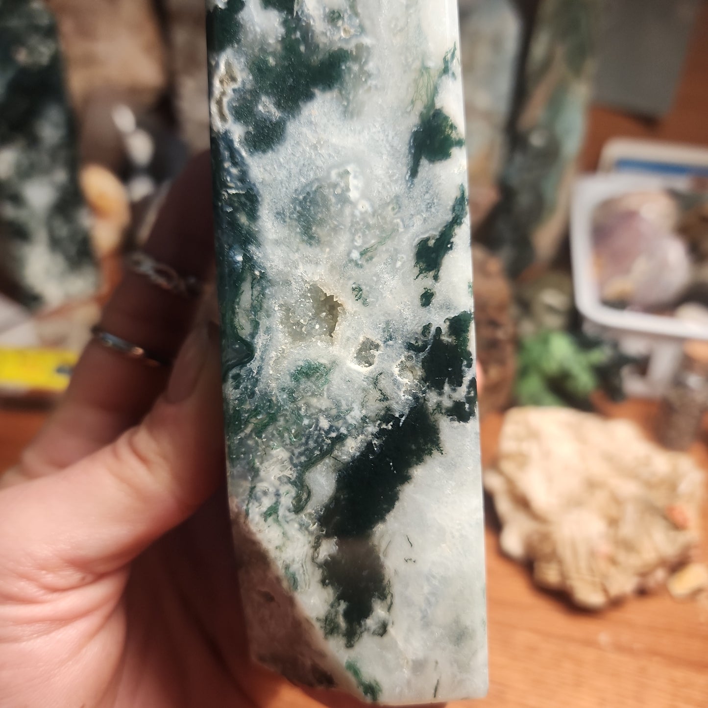 Large moss agate tower
