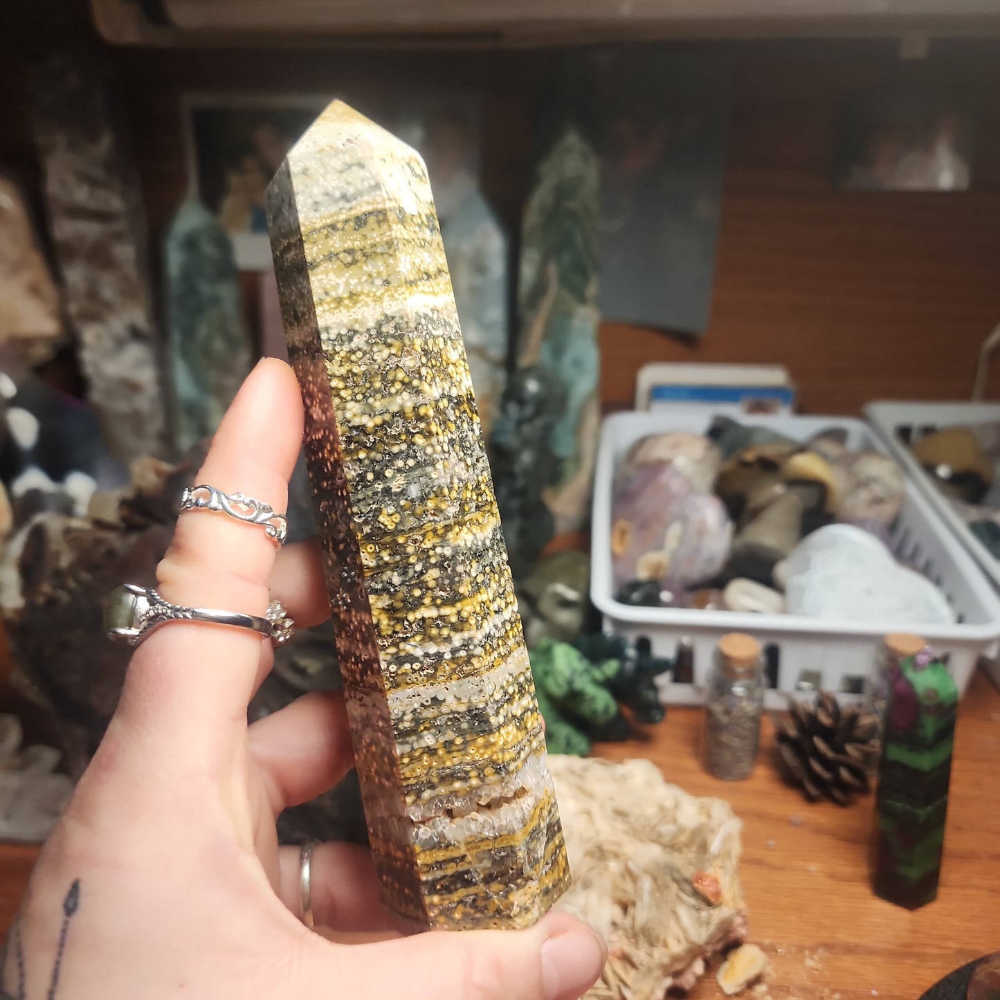 Orbicular Ocean Jasper tower with druzy