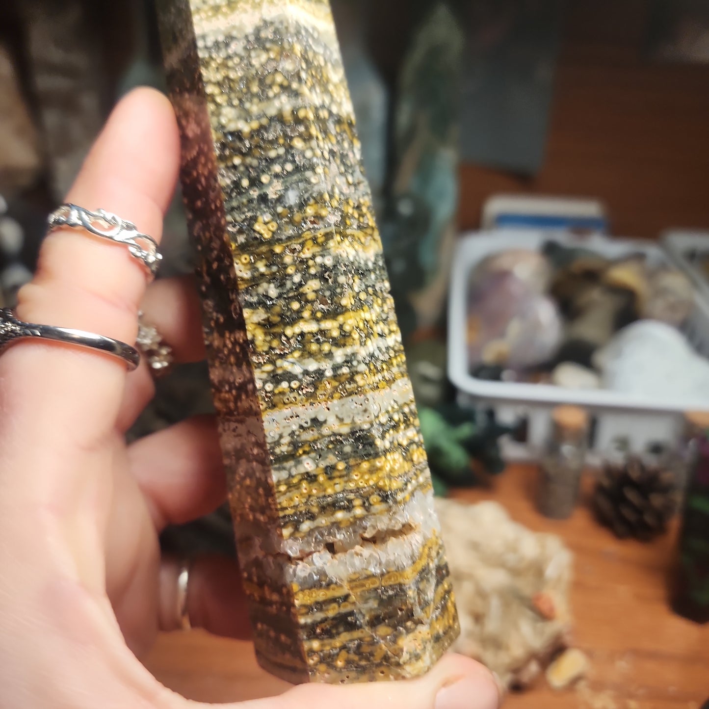 Orbicular Ocean Jasper tower with druzy