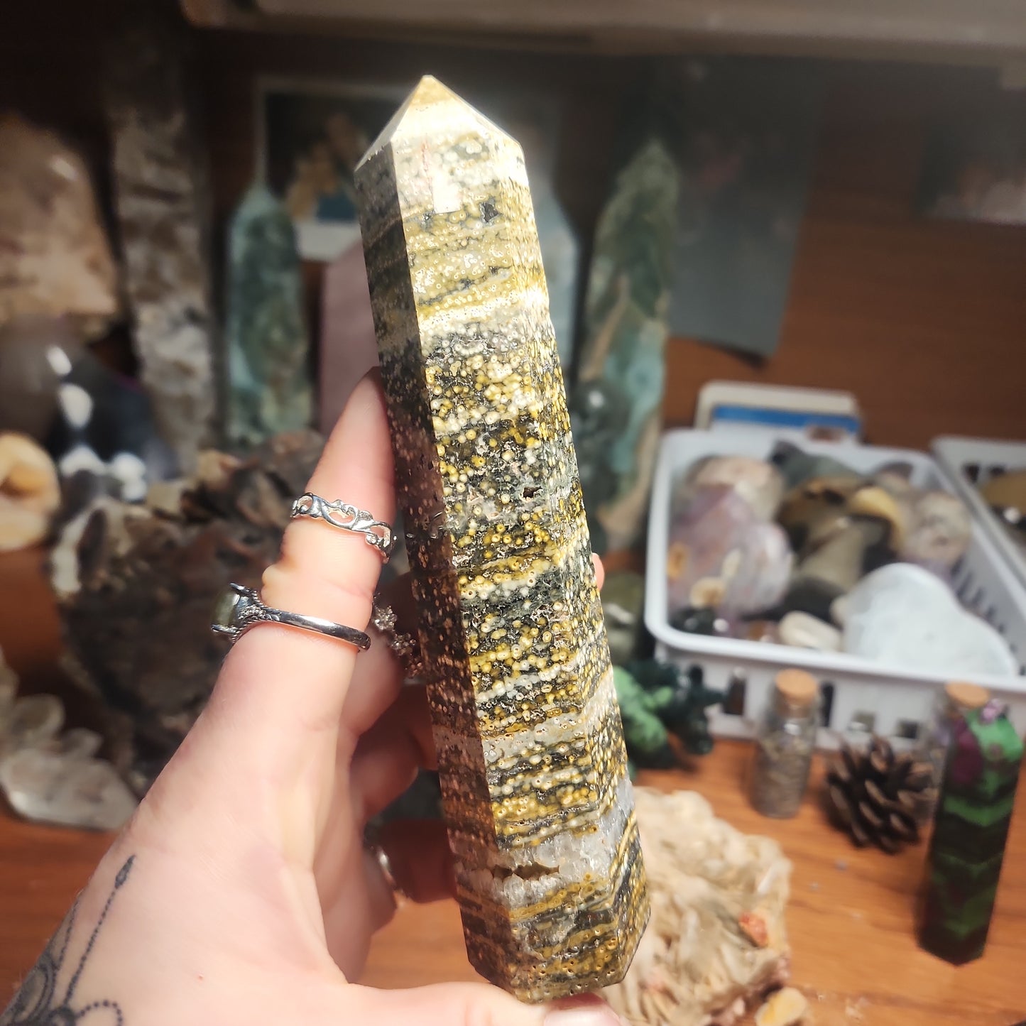 Orbicular Ocean Jasper tower with druzy