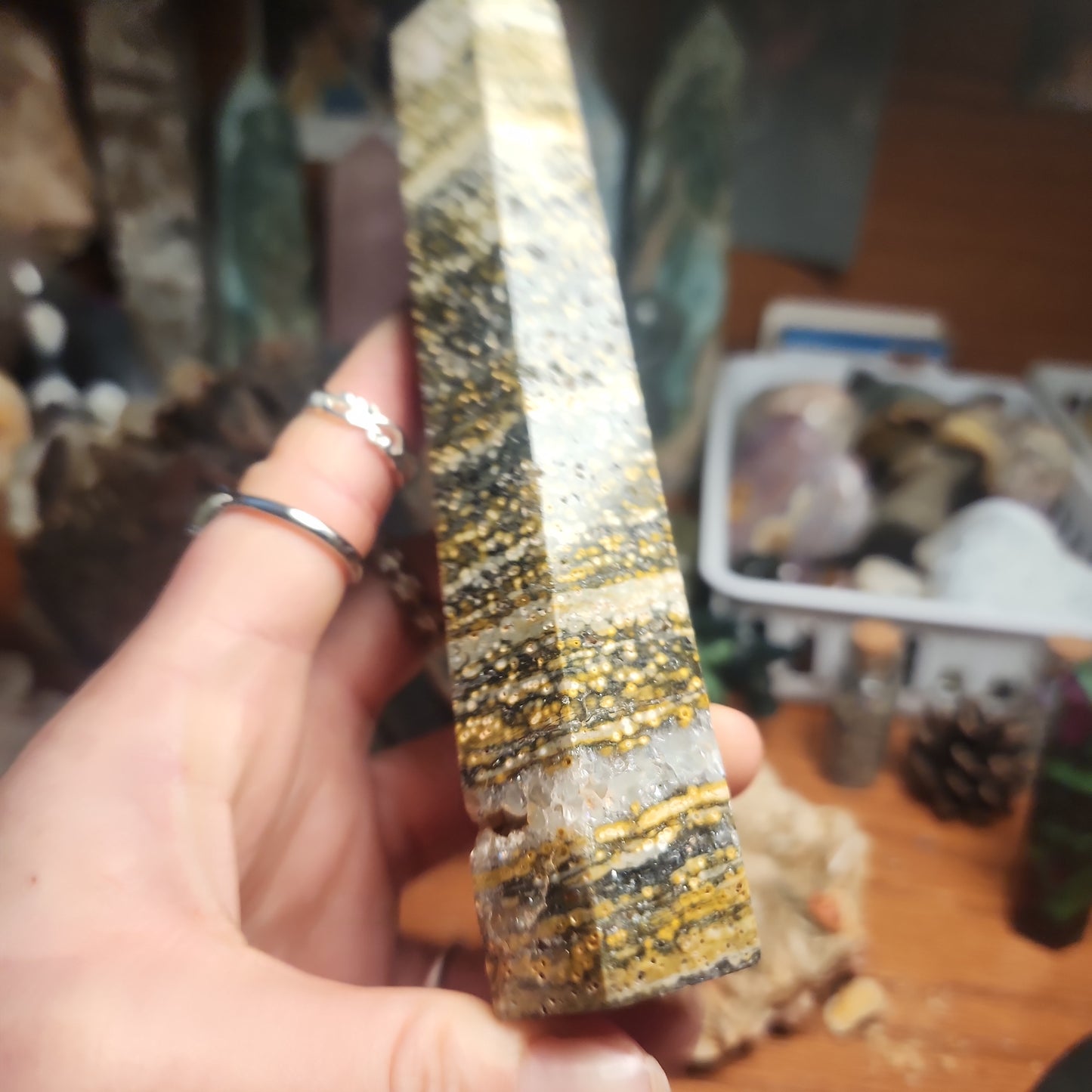 Orbicular Ocean Jasper tower with druzy