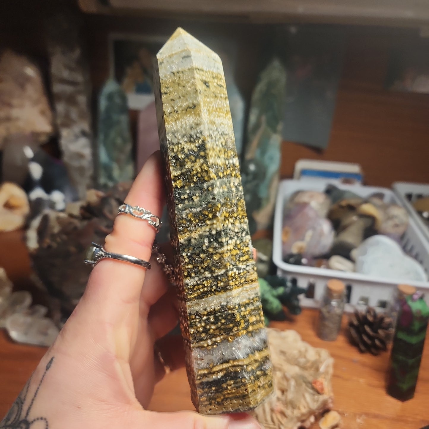 Orbicular Ocean Jasper tower with druzy