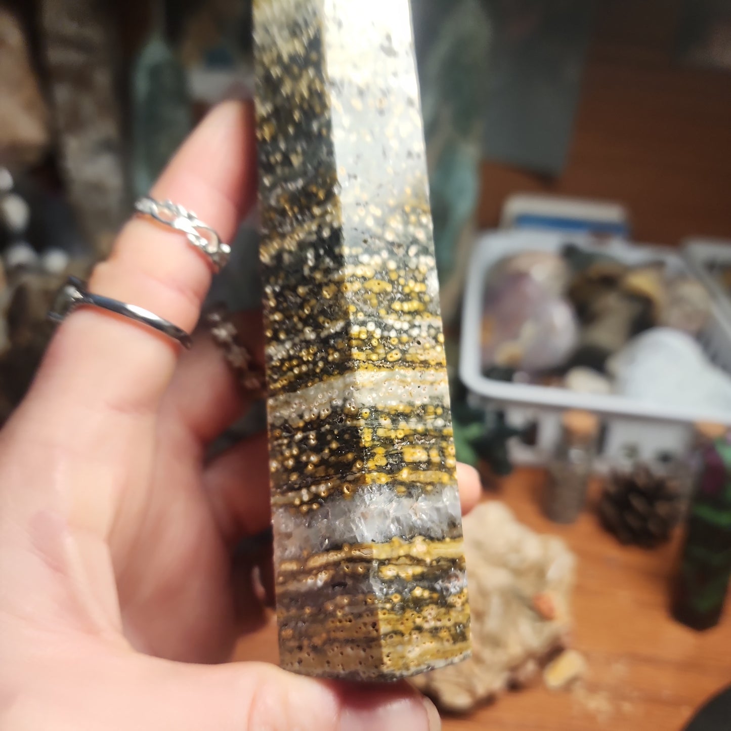 Orbicular Ocean Jasper tower with druzy