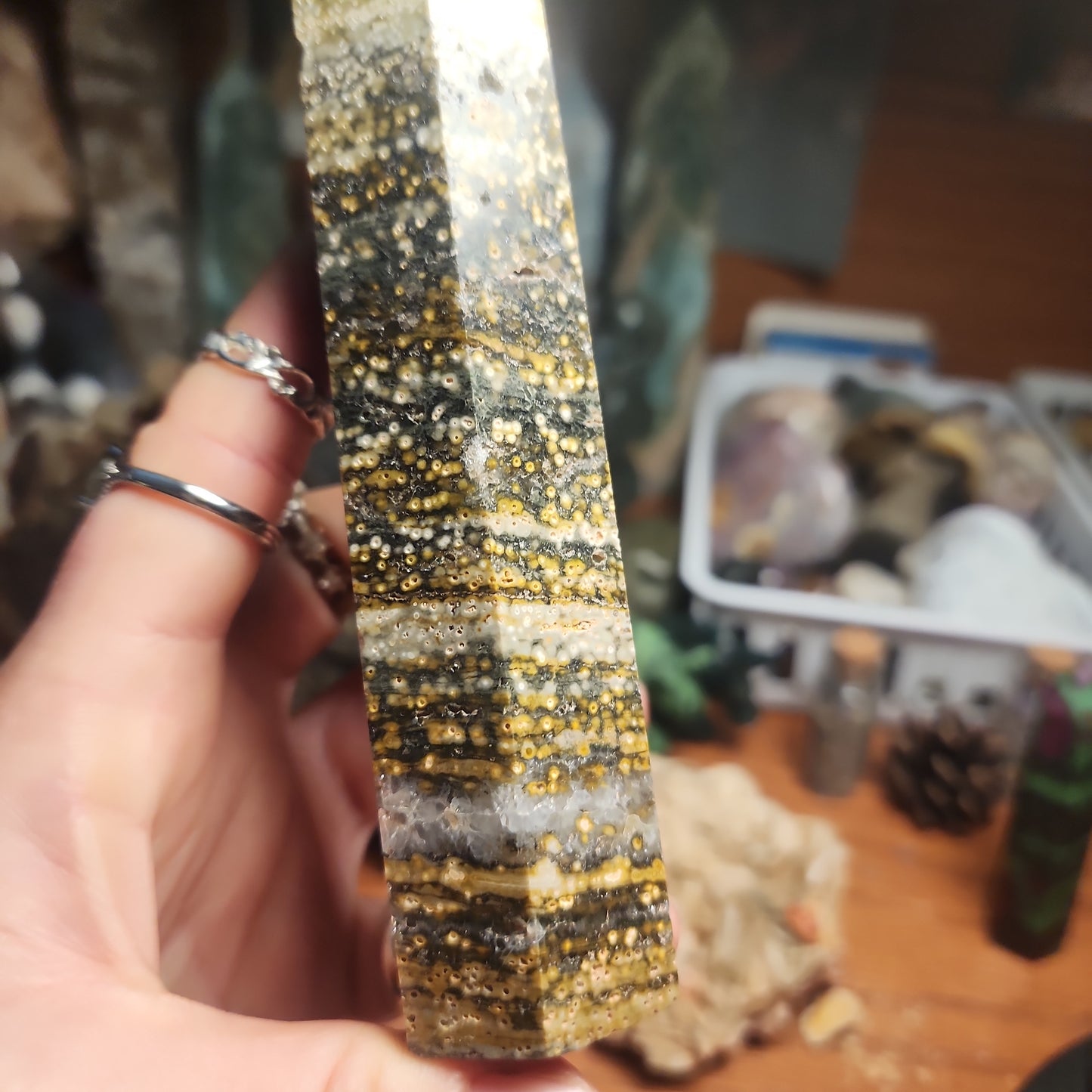 Orbicular Ocean Jasper tower with druzy