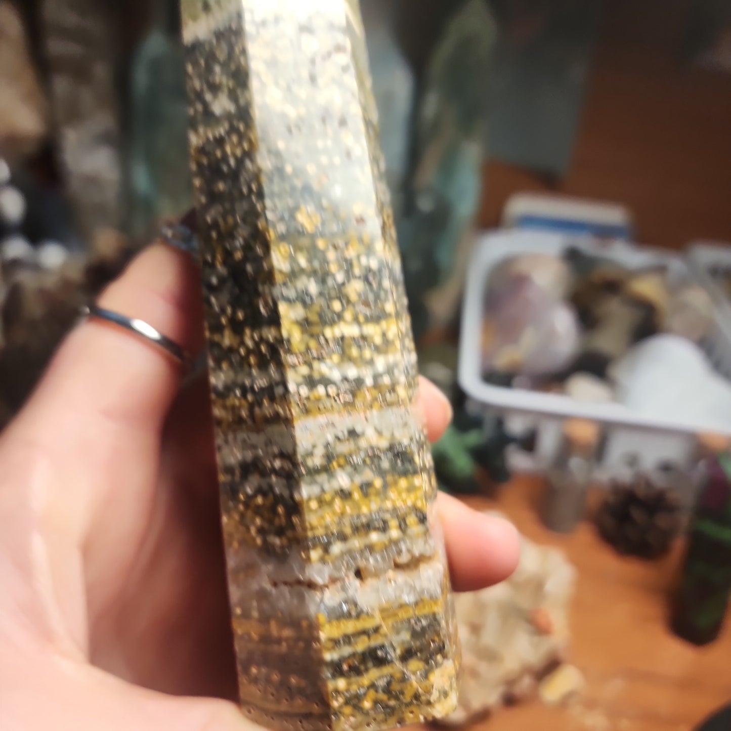 Orbicular Ocean Jasper tower with druzy