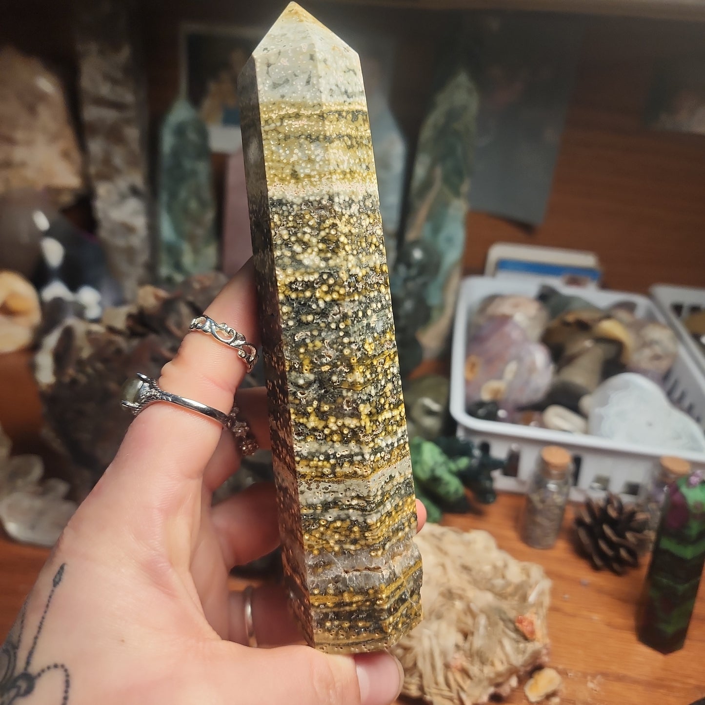 Orbicular Ocean Jasper tower with druzy